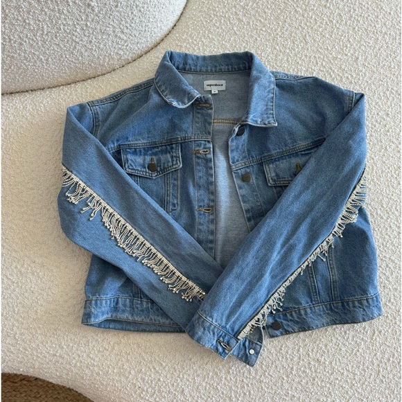 Superdown Revolve Raya Rhinestone Fringe Jacket in Light Blue Wash size medium. - Picture 8 of 8